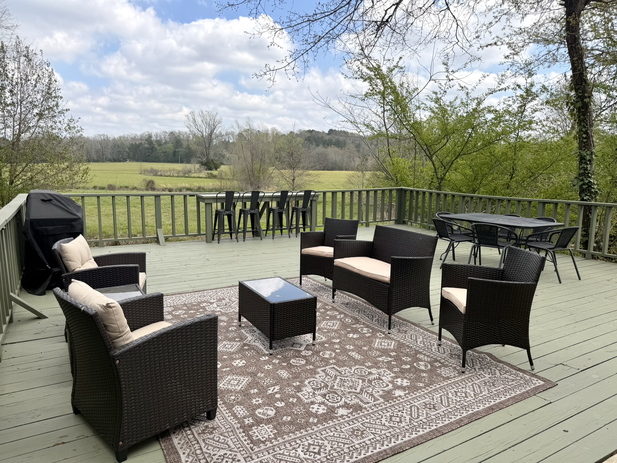 Southern Delight spacious deck with wicker seating overlooking green pastureland