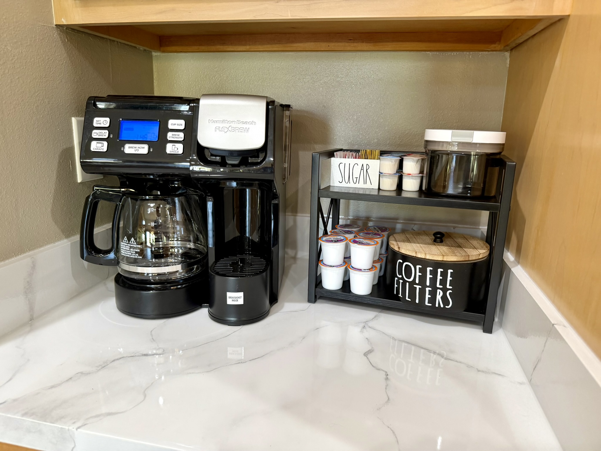 Coffee station with Hamilton Beach FlexBrew maker K-cups sugar and filters